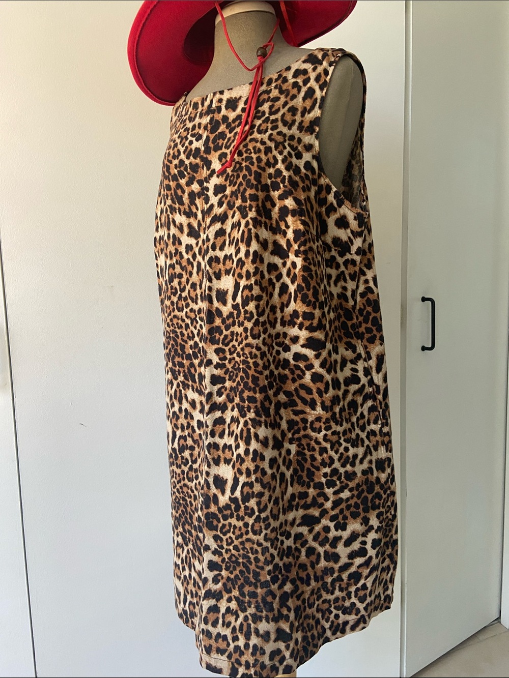 Leopard Print Sleeveless Shift Dress - Brown Leopard Print Linen Mini